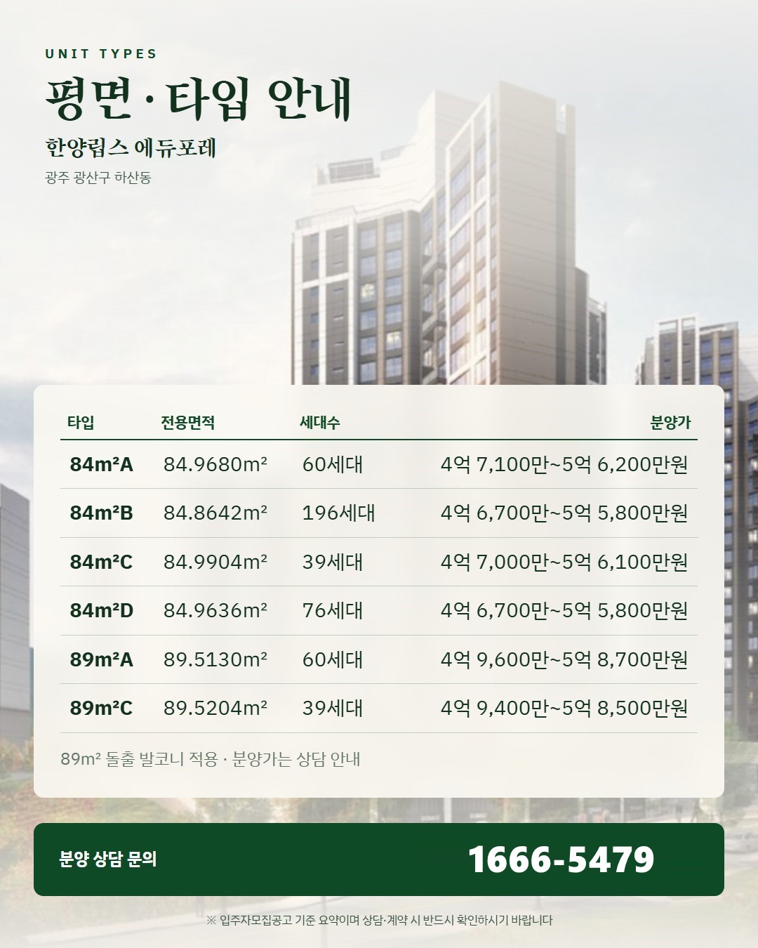 한양립스 에듀포레 타입 구성으로 본 단지 성격 · 84㎡와 89㎡만 있는 단지